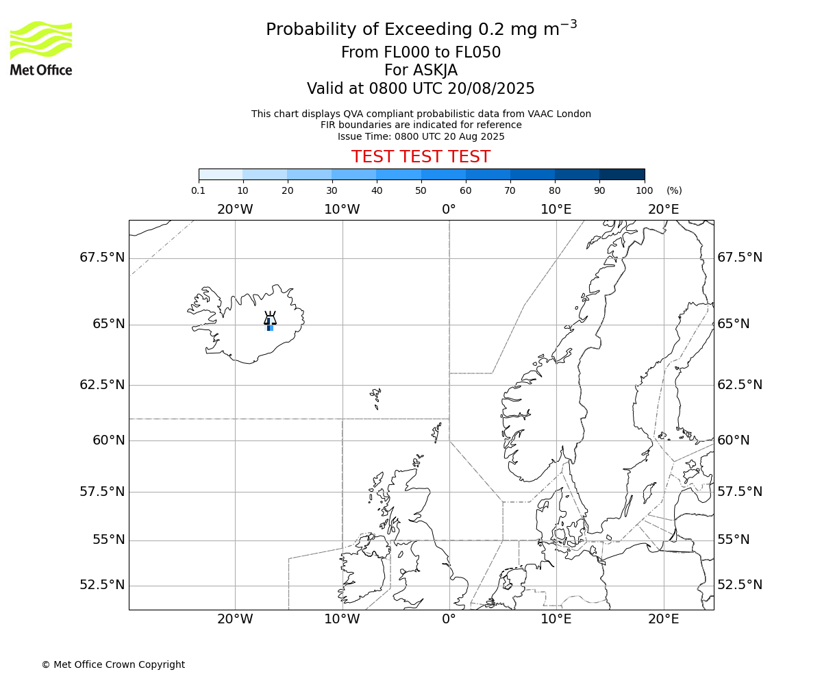 Probability of exceeding 0.2 milligrams per metre cubed. From 000 to 050 for ASKJA. Valid at 0800 UTC 20/08/2025