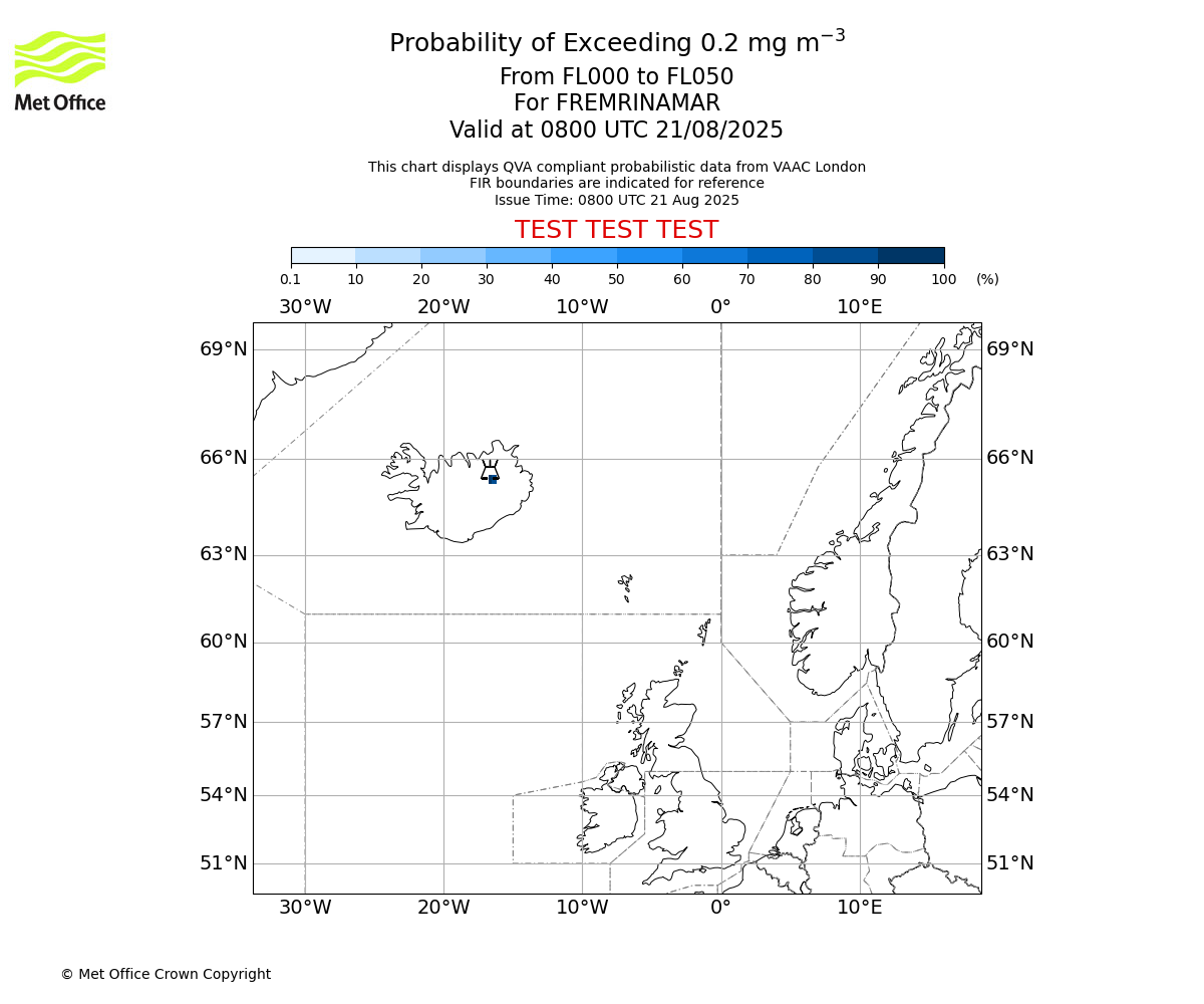Probability of exceeding 0.2 milligrams per metre cubed. From 000 to 050 for FREMRINAMAR. Valid at 0800 UTC 21/08/2025