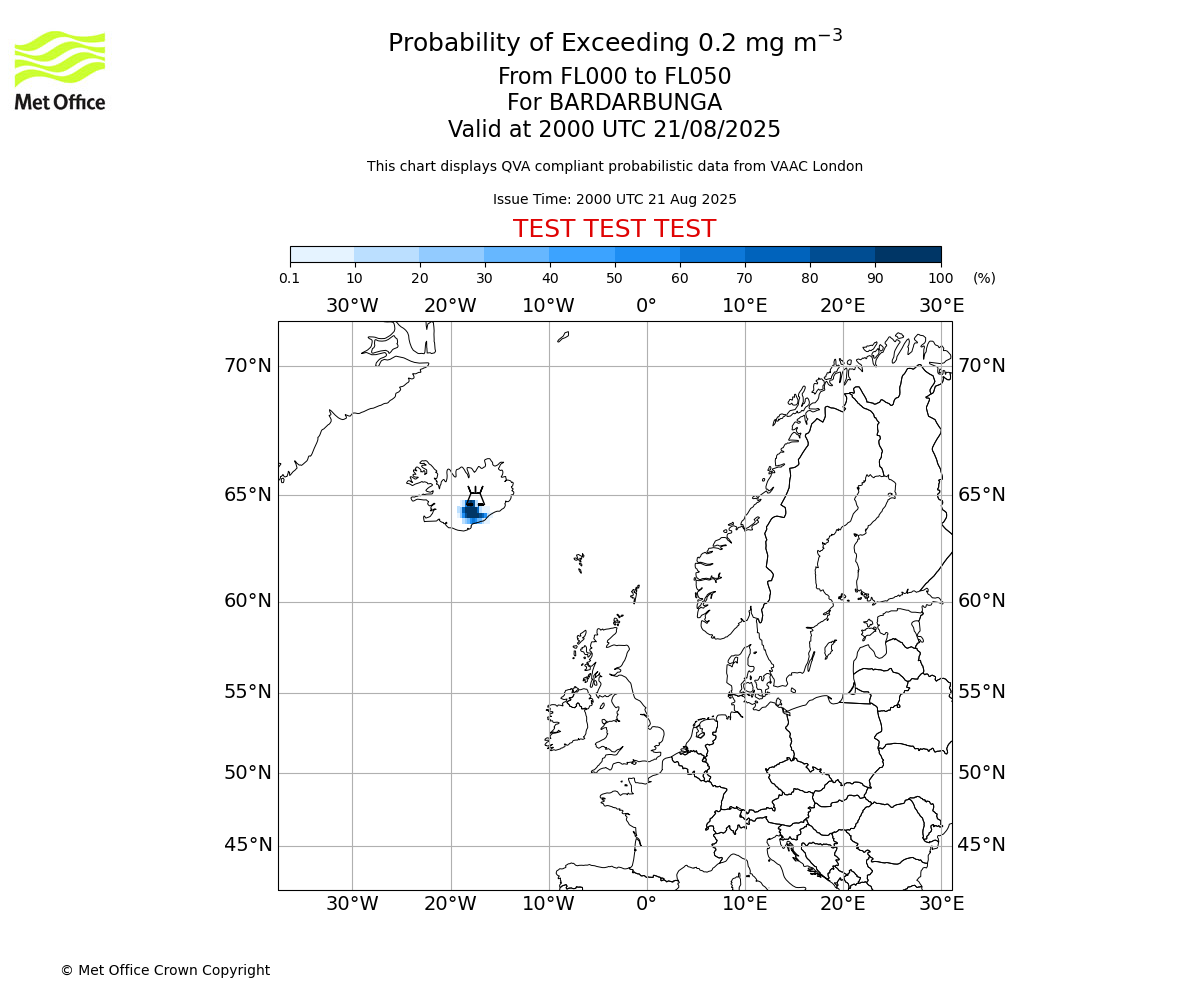 Probability of exceeding 0.2 milligrams per metre cubed. From 000 to 050 for BARDARBUNGA. Valid at 2000 UTC 21/08/2025