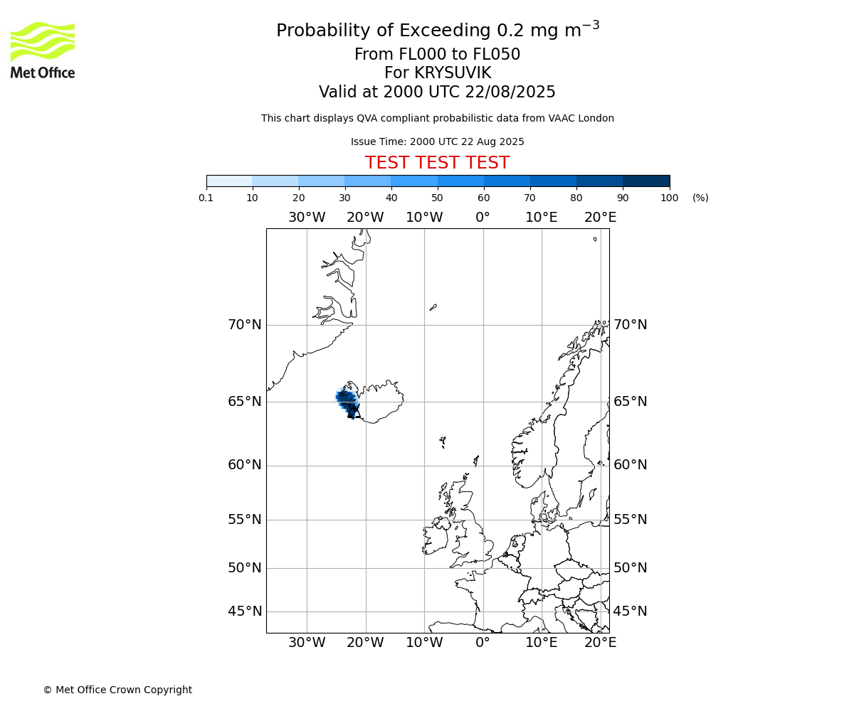 Probability of exceeding 0.2 milligrams per metre cubed. From 000 to 050 for KRYSUVIK. Valid at 2000 UTC 22/08/2025