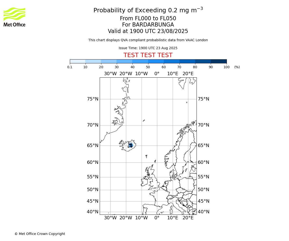 Probability of exceeding 0.2 milligrams per metre cubed. From 000 to 050 for BARDARBUNGA. Valid at 1900 UTC 23/08/2025