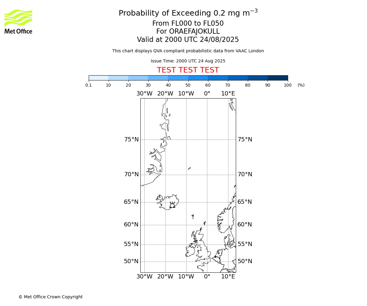 Probability of exceeding 0.2 milligrams per metre cubed. From 000 to 050 for ORAEFAJOKULL. Valid at 2000 UTC 24/08/2025