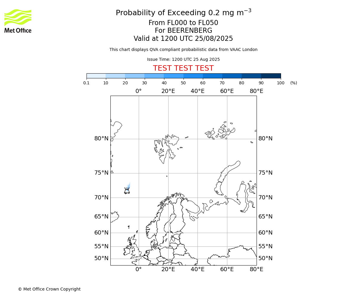 Probability of exceeding 0.2 milligrams per metre cubed. From 000 to 050 for BEERENBERG. Valid at 1200 UTC 25/08/2025