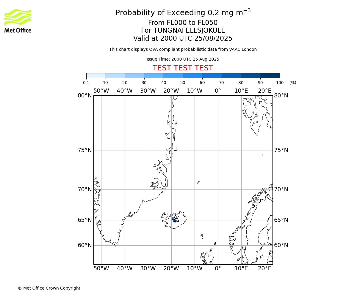 Probability of exceeding 0.2 milligrams per metre cubed. From 000 to 050 for TUNGNAFELLSJOKULL. Valid at 2000 UTC 25/08/2025