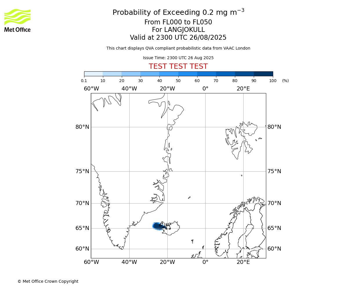 Probability of exceeding 0.2 milligrams per metre cubed. From 000 to 050 for LANGJOKULL. Valid at 2300 UTC 26/08/2025