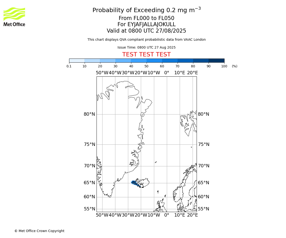 Probability of exceeding 0.2 milligrams per metre cubed. From 000 to 050 for EYJAFJALLAJOKULL. Valid at 0800 UTC 27/08/2025