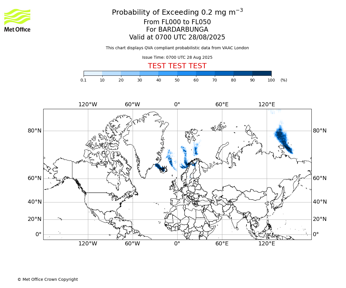 Probability of exceeding 0.2 milligrams per metre cubed. From 000 to 050 for BARDARBUNGA. Valid at 0700 UTC 28/08/2025