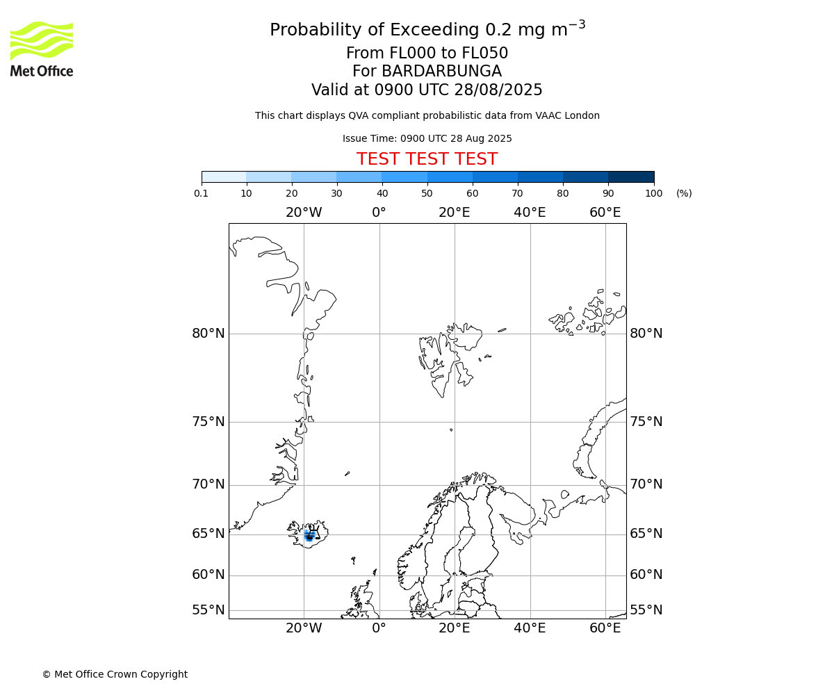Probability of exceeding 0.2 milligrams per metre cubed. From 000 to 050 for BARDARBUNGA. Valid at 0900 UTC 28/08/2025