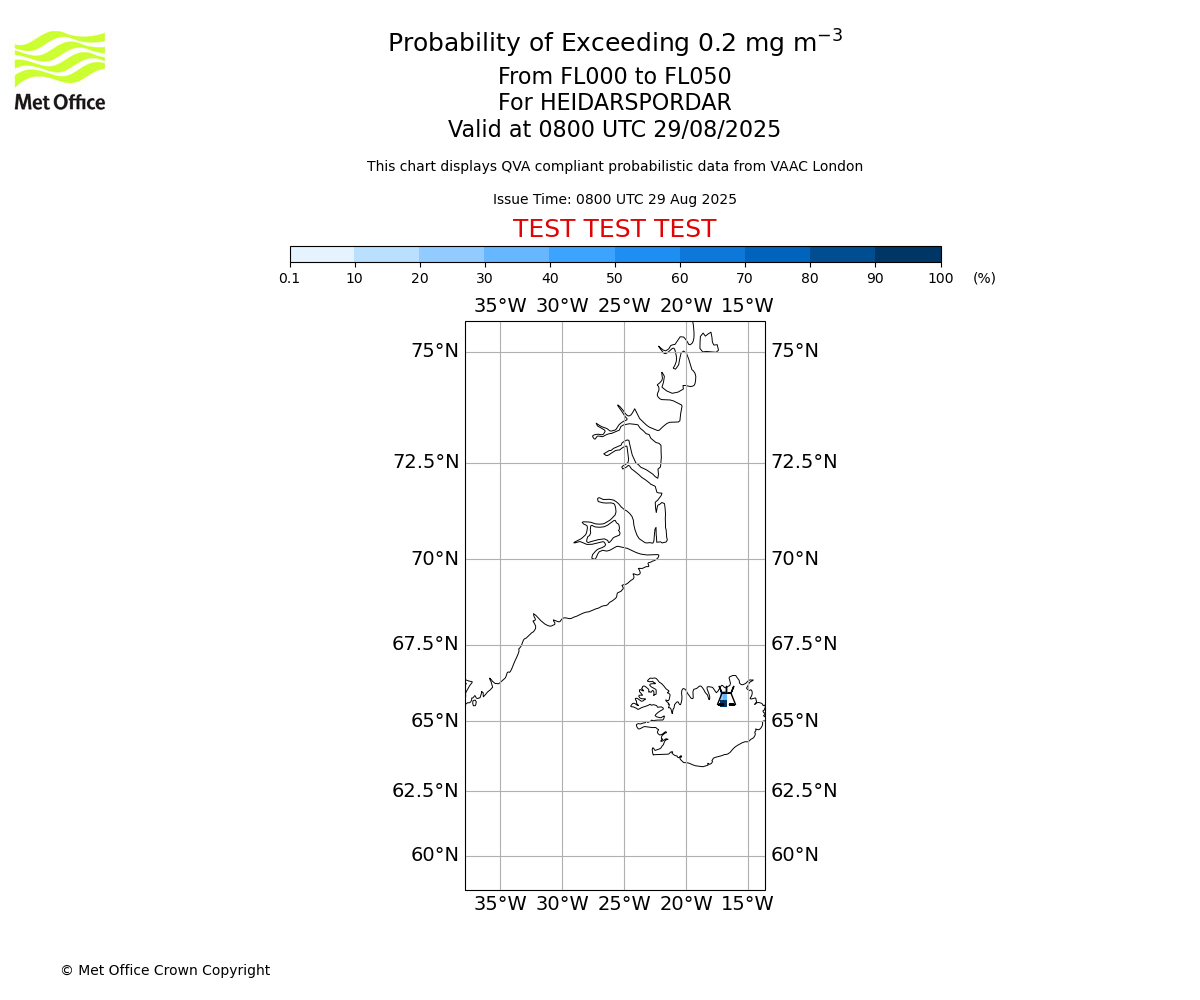 Probability of exceeding 0.2 milligrams per metre cubed. From 000 to 050 for HEIDARSPORDAR. Valid at 0800 UTC 29/08/2025