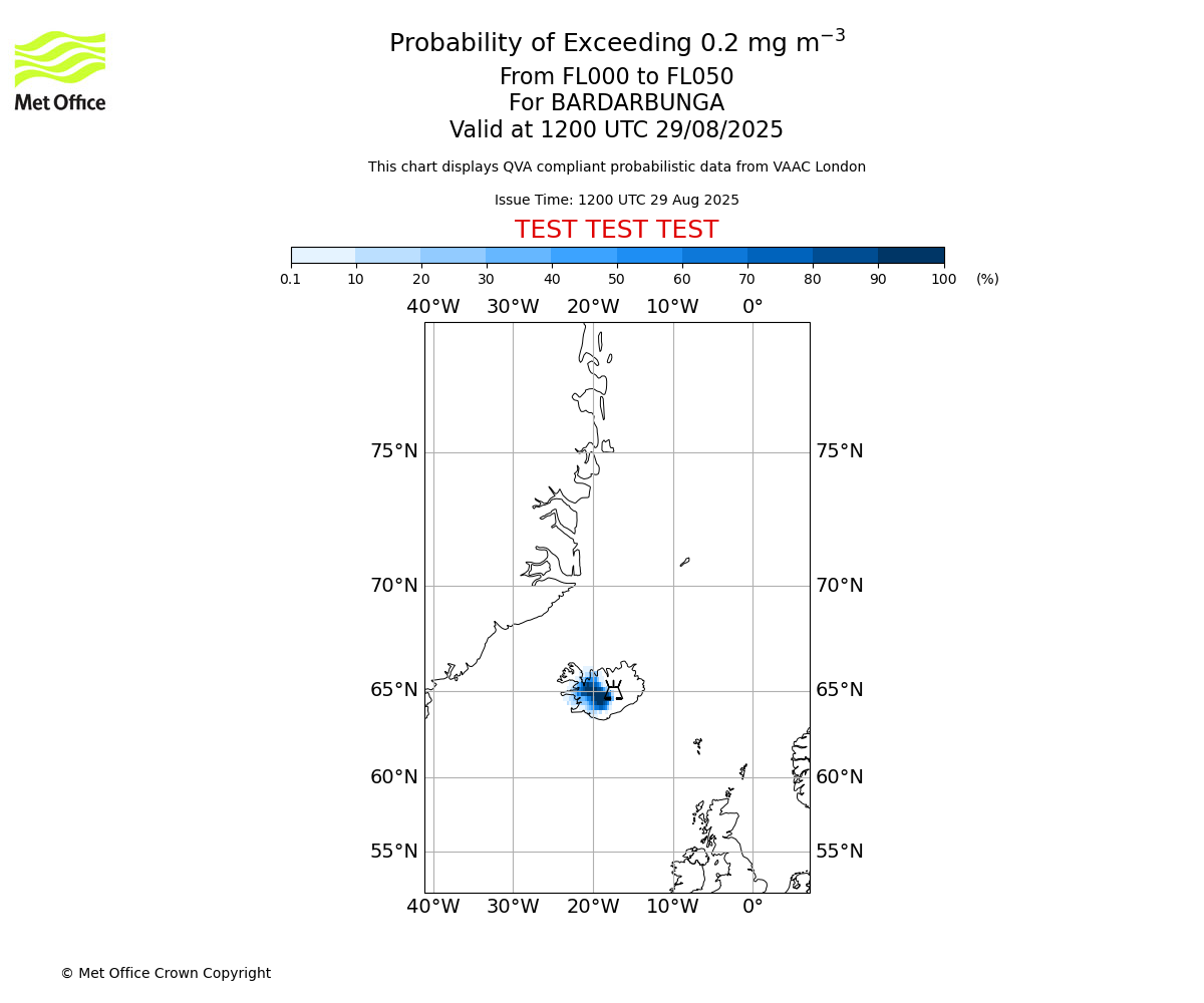Probability of exceeding 0.2 milligrams per metre cubed. From 000 to 050 for BARDARBUNGA. Valid at 1200 UTC 29/08/2025