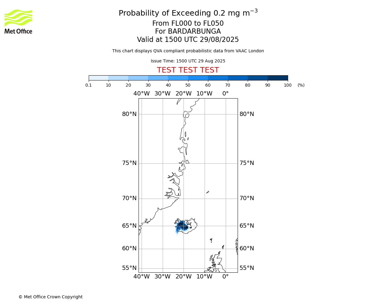 Probability of exceeding 0.2 milligrams per metre cubed. From 000 to 050 for BARDARBUNGA. Valid at 1500 UTC 29/08/2025