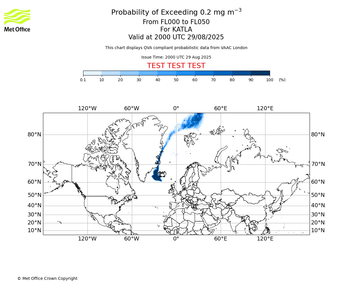 Probability of exceeding 0.2 milligrams per metre cubed. From 000 to 050 for KATLA. Valid at 2000 UTC 29/08/2025