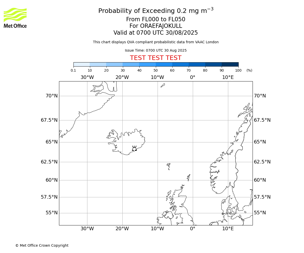 Probability of exceeding 0.2 milligrams per metre cubed. From 000 to 050 for ORAEFAJOKULL. Valid at 0700 UTC 30/08/2025