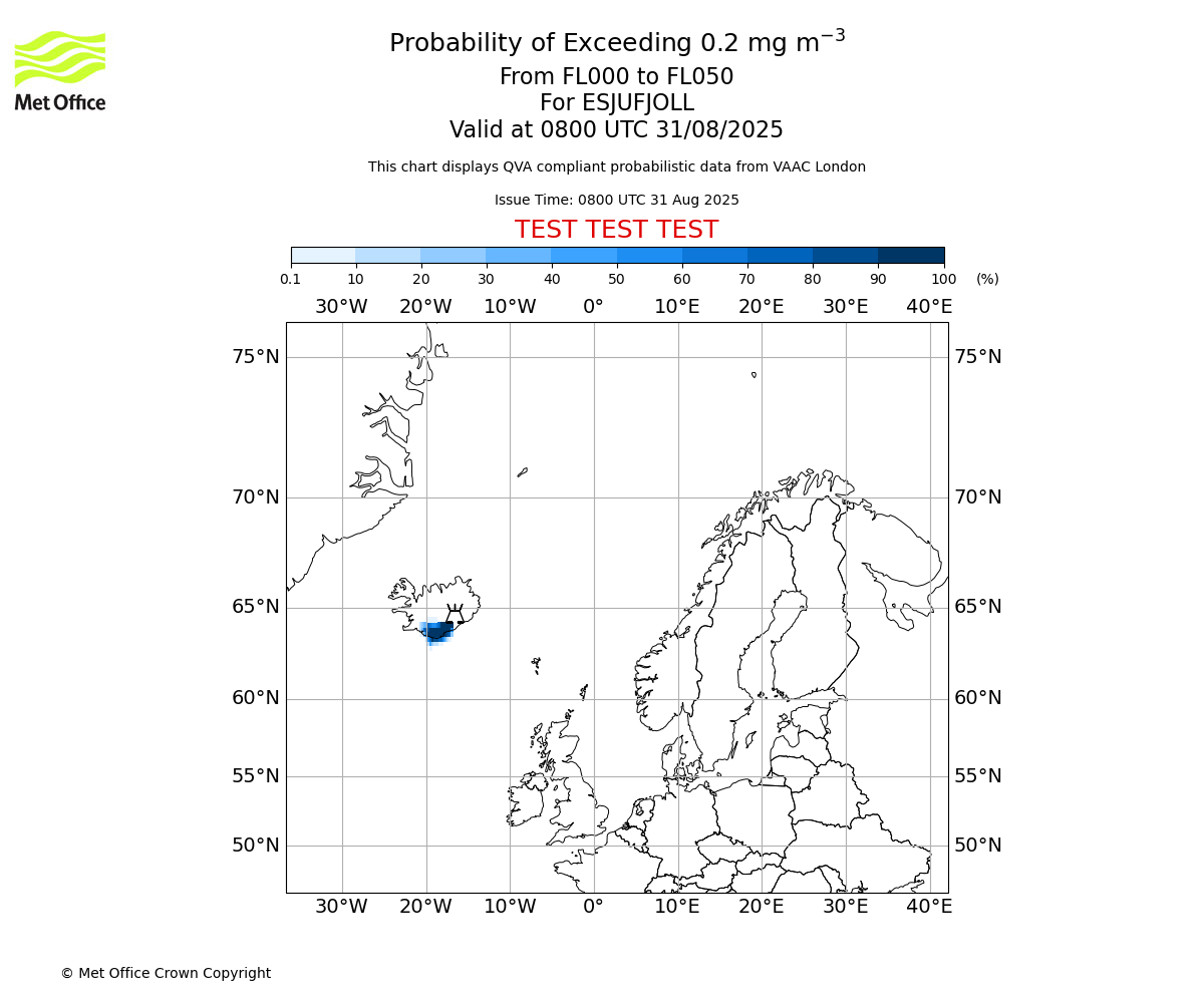 Probability of exceeding 0.2 milligrams per metre cubed. From 000 to 050 for ESJUFJOLL. Valid at 0800 UTC 31/08/2025