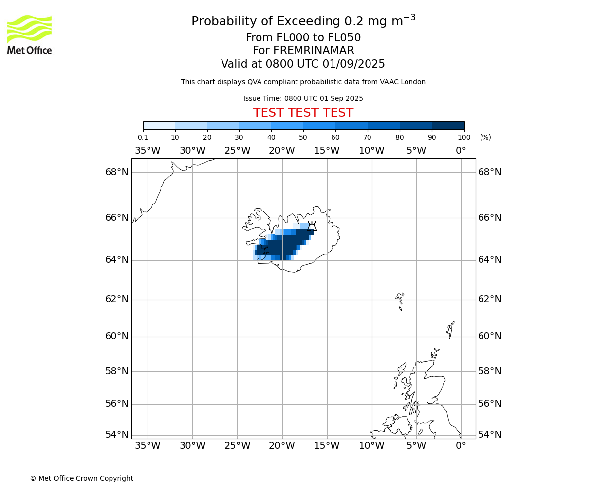 Probability of exceeding 0.2 milligrams per metre cubed. From 000 to 050 for FREMRINAMAR. Valid at 0800 UTC 01/09/2025