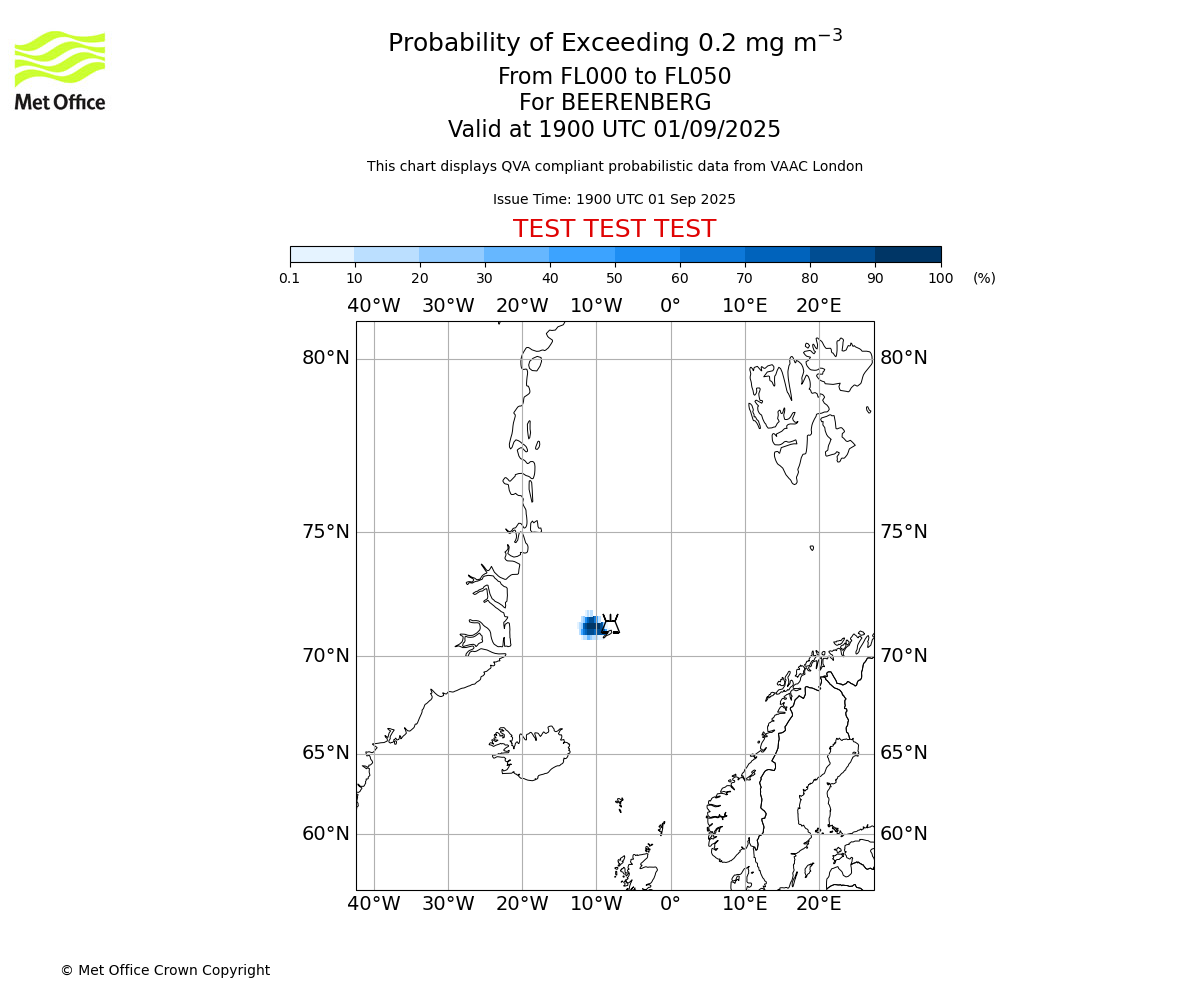 Probability of exceeding 0.2 milligrams per metre cubed. From 000 to 050 for BEERENBERG. Valid at 1900 UTC 01/09/2025