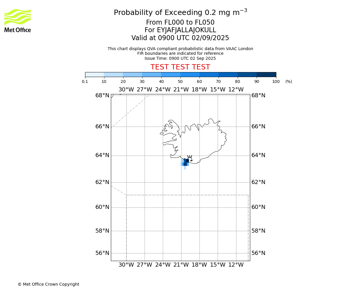 Probability of exceeding 0.2 milligrams per metre cubed. From 000 to 050 for EYJAFJALLAJOKULL. Valid at 0900 UTC 02/09/2025