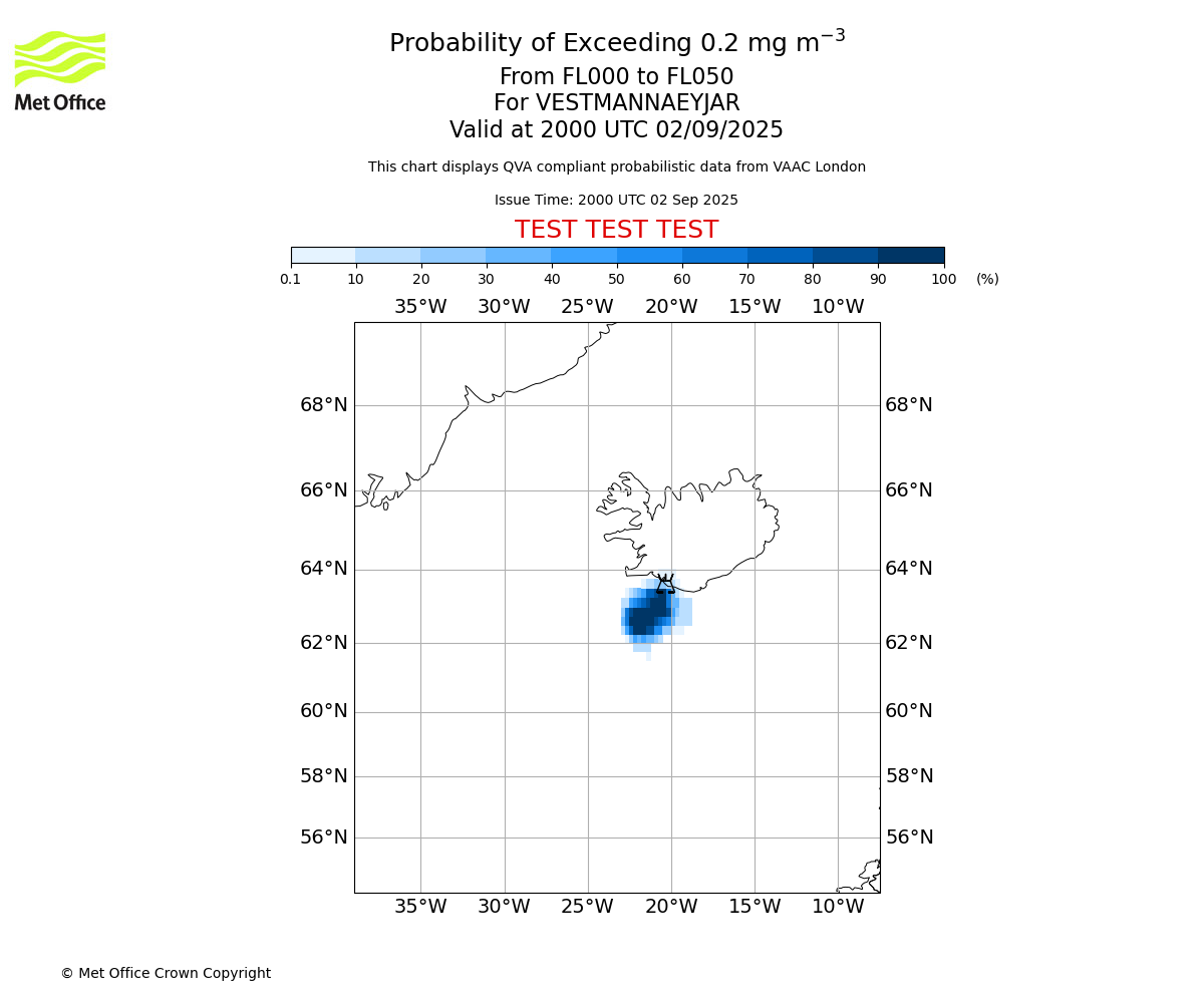 Probability of exceeding 0.2 milligrams per metre cubed. From 000 to 050 for VESTMANNAEYJAR. Valid at 2000 UTC 02/09/2025