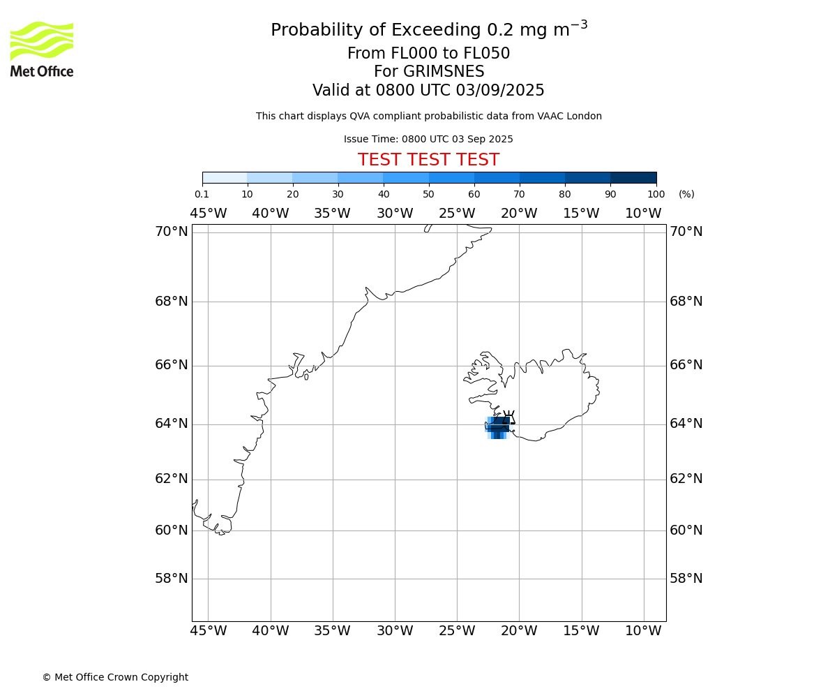 Probability of exceeding 0.2 milligrams per metre cubed. From 000 to 050 for GRIMSNES. Valid at 0800 UTC 03/09/2025