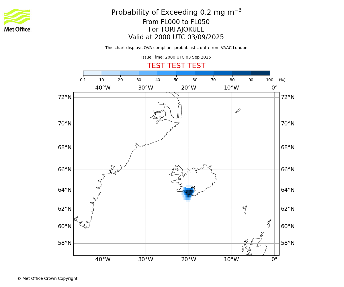 Probability of exceeding 0.2 milligrams per metre cubed. From 000 to 050 for TORFAJOKULL. Valid at 2000 UTC 03/09/2025
