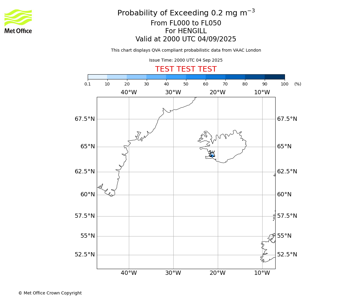 Probability of exceeding 0.2 milligrams per metre cubed. From 000 to 050 for HENGILL. Valid at 2000 UTC 04/09/2025