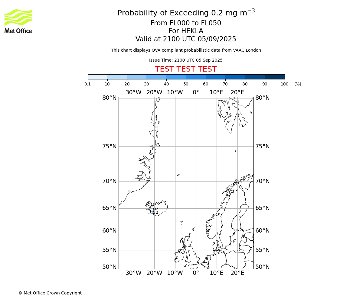 Probability of exceeding 0.2 milligrams per metre cubed. From 000 to 050 for HEKLA. Valid at 2100 UTC 05/09/2025