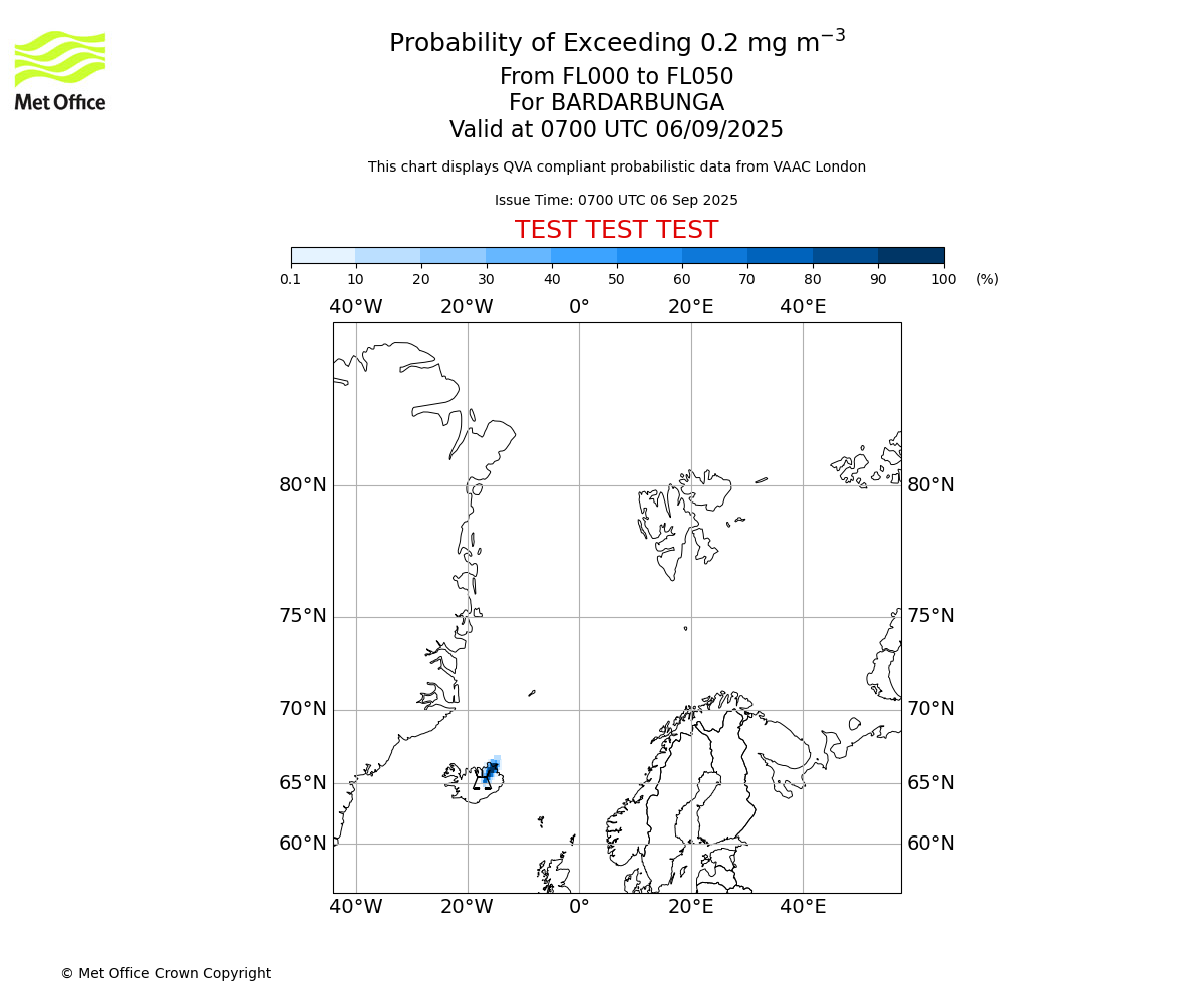 Probability of exceeding 0.2 milligrams per metre cubed. From 000 to 050 for BARDARBUNGA. Valid at 0700 UTC 06/09/2025