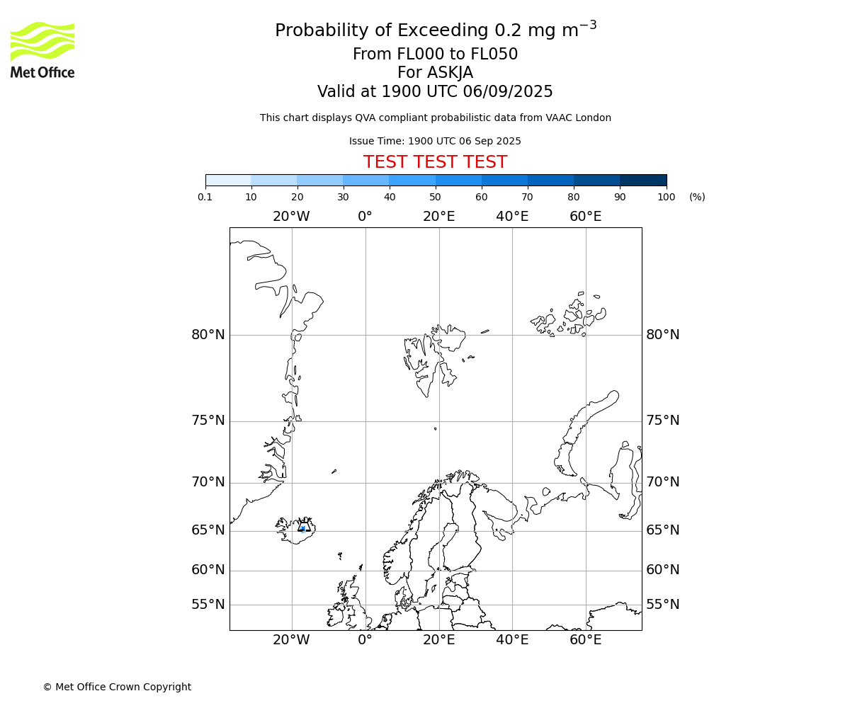 Probability of exceeding 0.2 milligrams per metre cubed. From 000 to 050 for ASKJA. Valid at 1900 UTC 06/09/2025