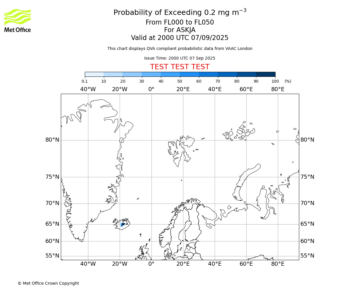 Probability of exceeding 0.2 milligrams per metre cubed. From 000 to 050 for ASKJA. Valid at 2000 UTC 07/09/2025