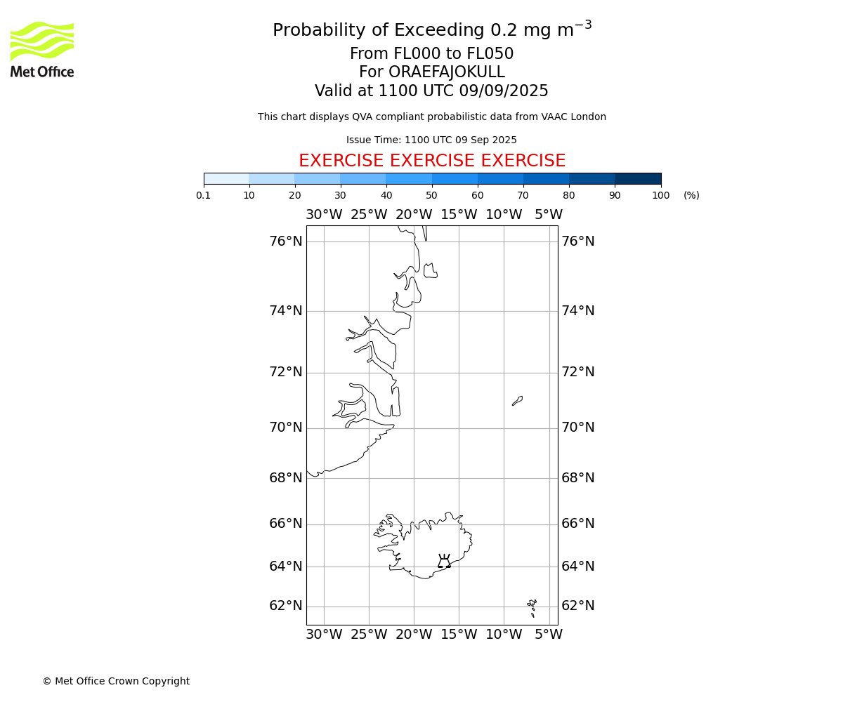 Probability of exceeding 0.2 milligrams per metre cubed. From 000 to 050 for ORAEFAJOKULL. Valid at 1100 UTC 09/09/2025