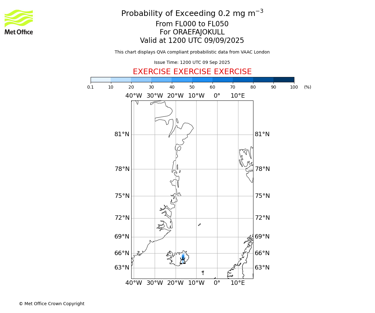 Probability of exceeding 0.2 milligrams per metre cubed. From 000 to 050 for ORAEFAJOKULL. Valid at 1200 UTC 09/09/2025