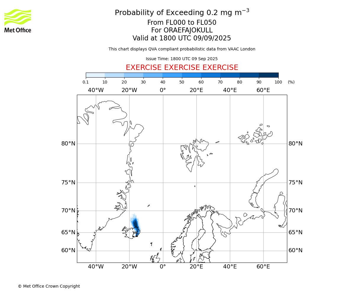 Probability of exceeding 0.2 milligrams per metre cubed. From 000 to 050 for ORAEFAJOKULL. Valid at 1800 UTC 09/09/2025