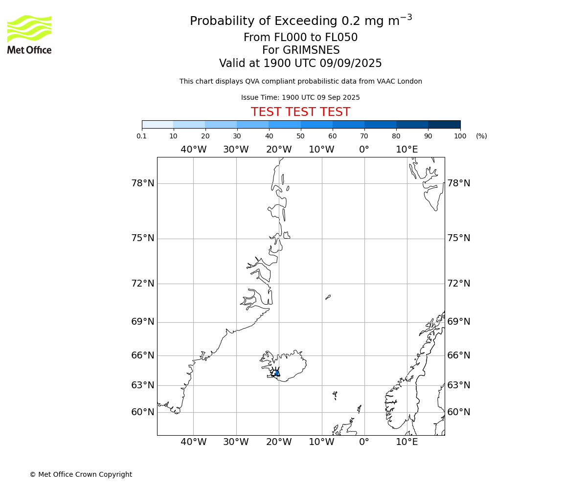 Probability of exceeding 0.2 milligrams per metre cubed. From 000 to 050 for GRIMSNES. Valid at 1900 UTC 09/09/2025