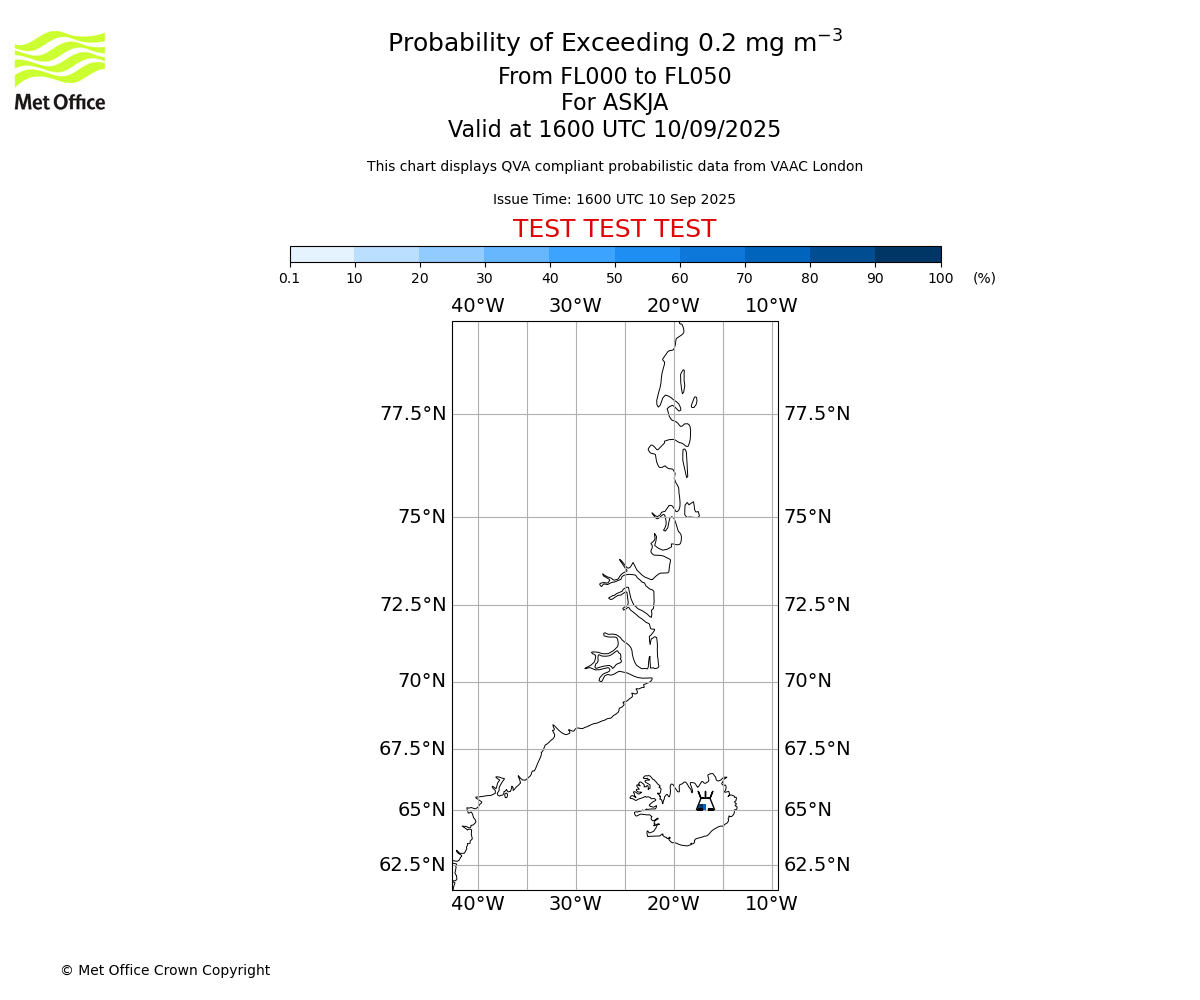 Probability of exceeding 0.2 milligrams per metre cubed. From 000 to 050 for ASKJA. Valid at 1600 UTC 10/09/2025