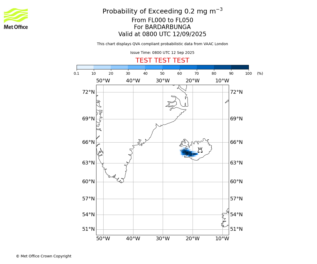 Probability of exceeding 0.2 milligrams per metre cubed. From 000 to 050 for BARDARBUNGA. Valid at 0800 UTC 12/09/2025