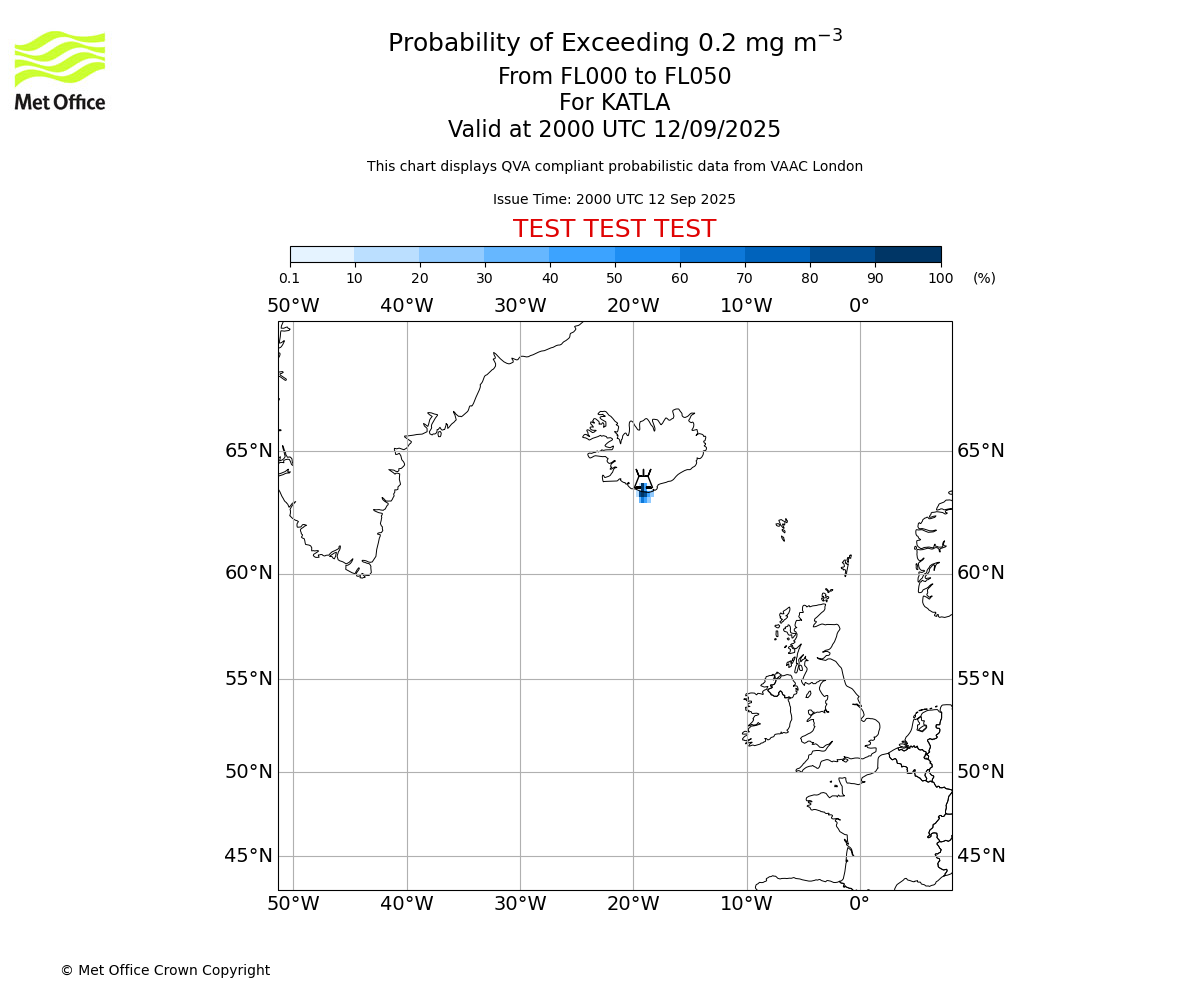 Probability of exceeding 0.2 milligrams per metre cubed. From 000 to 050 for KATLA. Valid at 2000 UTC 12/09/2025