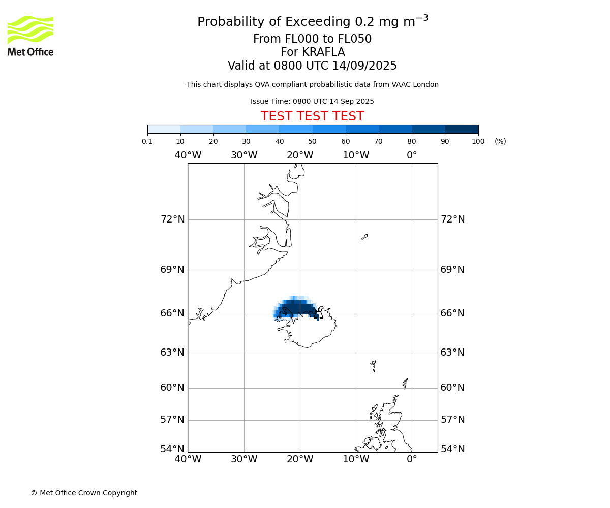 Probability of exceeding 0.2 milligrams per metre cubed. From 000 to 050 for KRAFLA. Valid at 0800 UTC 14/09/2025