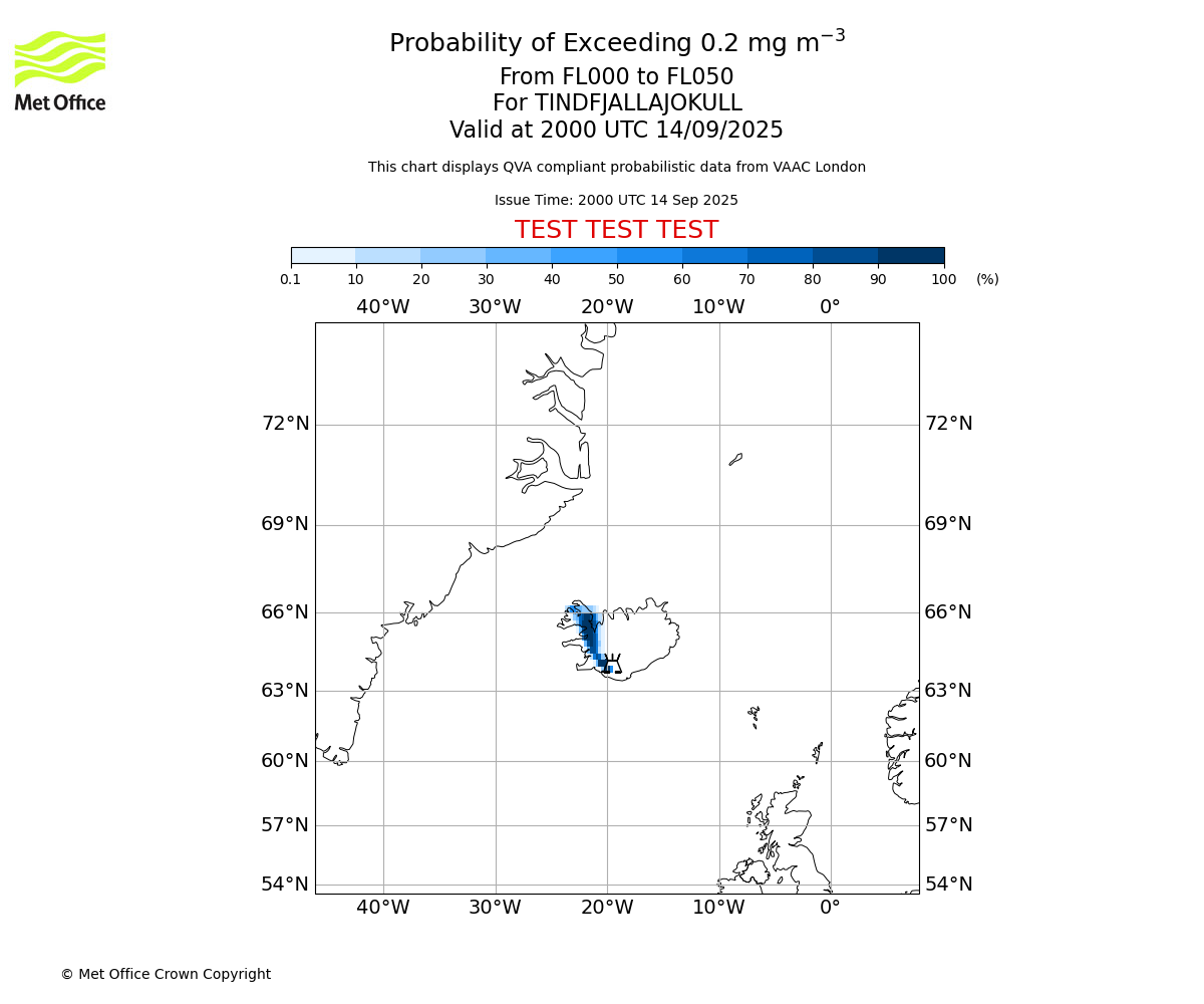 Probability of exceeding 0.2 milligrams per metre cubed. From 000 to 050 for TINDFJALLAJOKULL. Valid at 2000 UTC 14/09/2025