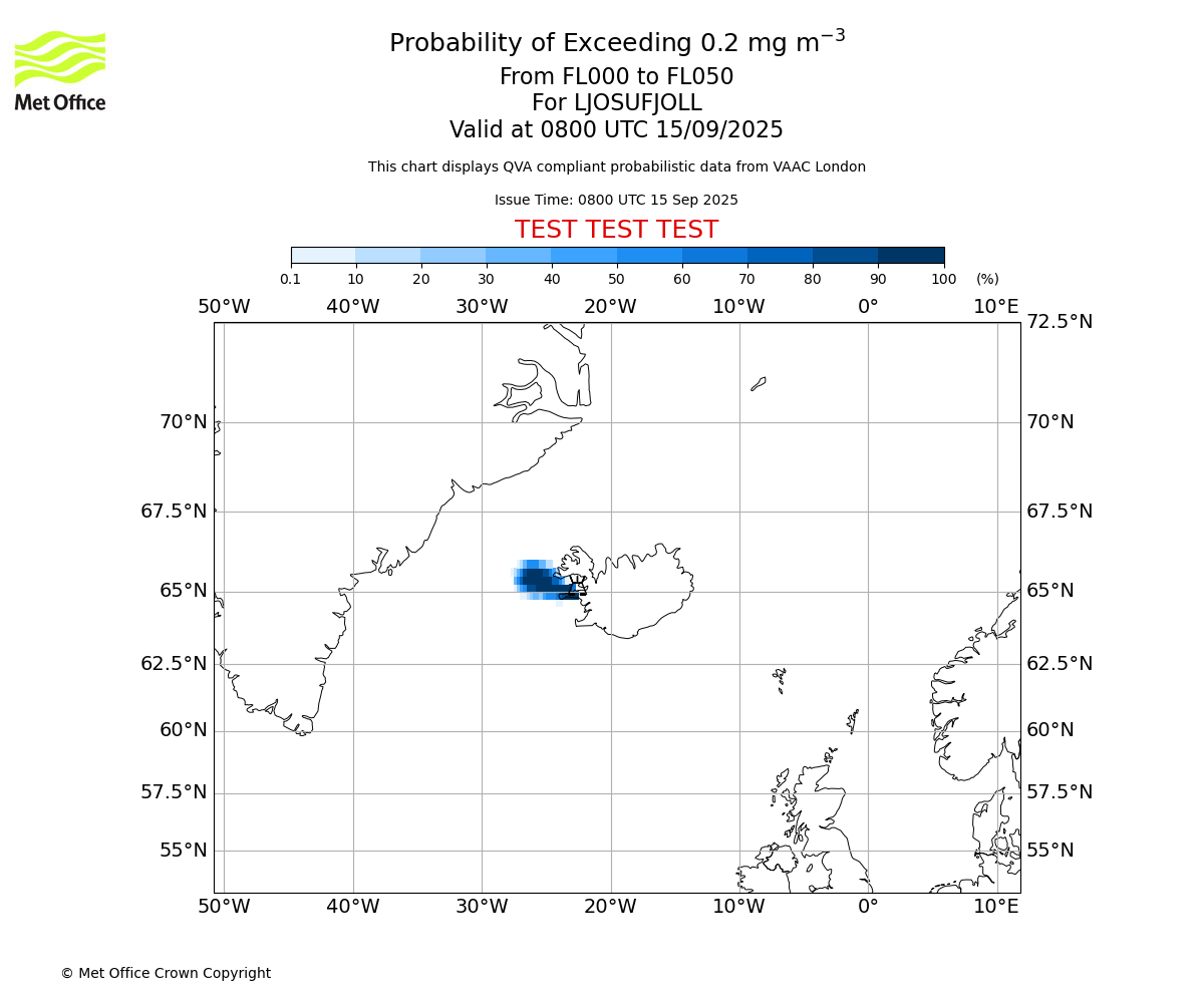 Probability of exceeding 0.2 milligrams per metre cubed. From 000 to 050 for LJOSUFJOLL. Valid at 0800 UTC 15/09/2025