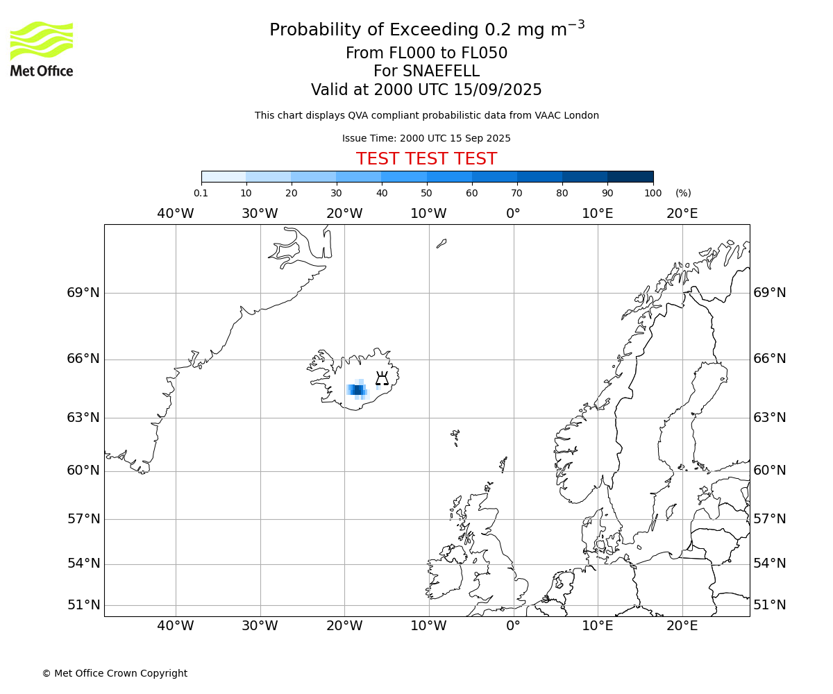 Probability of exceeding 0.2 milligrams per metre cubed. From 000 to 050 for SNAEFELL. Valid at 2000 UTC 15/09/2025