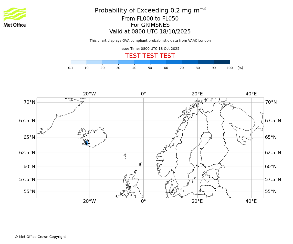 Probability of exceeding 0.2 milligrams per metre cubed. From 000 to 050 for GRIMSNES. Valid at 0800 UTC 18/10/2025