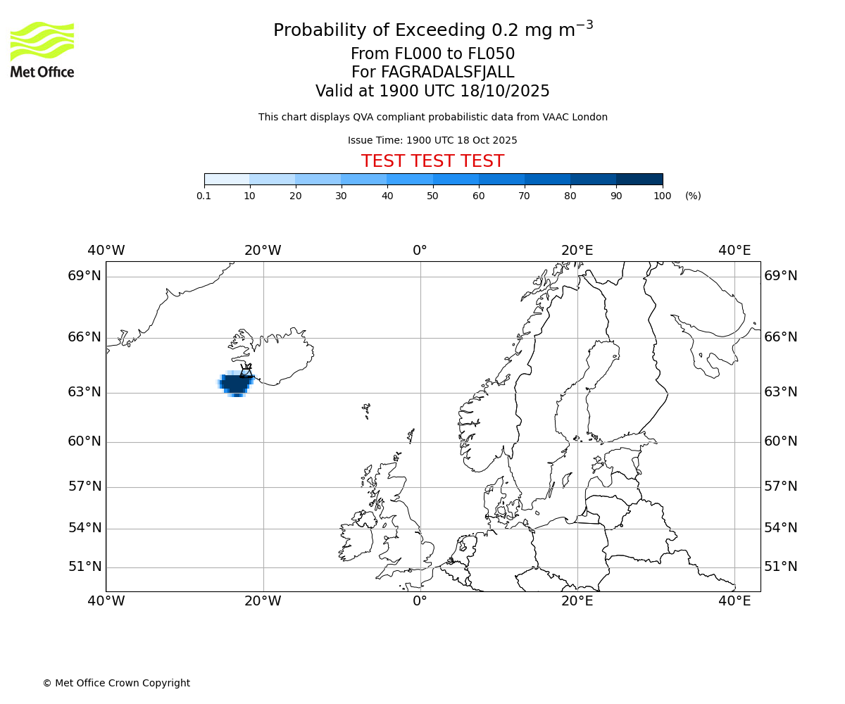 Probability of exceeding 0.2 milligrams per metre cubed. From 000 to 050 for FAGRADALSFJALL. Valid at 1900 UTC 18/10/2025