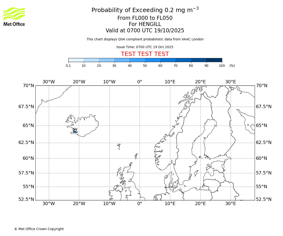 Probability of exceeding 0.2 milligrams per metre cubed. From 000 to 050 for HENGILL. Valid at 0700 UTC 19/10/2025