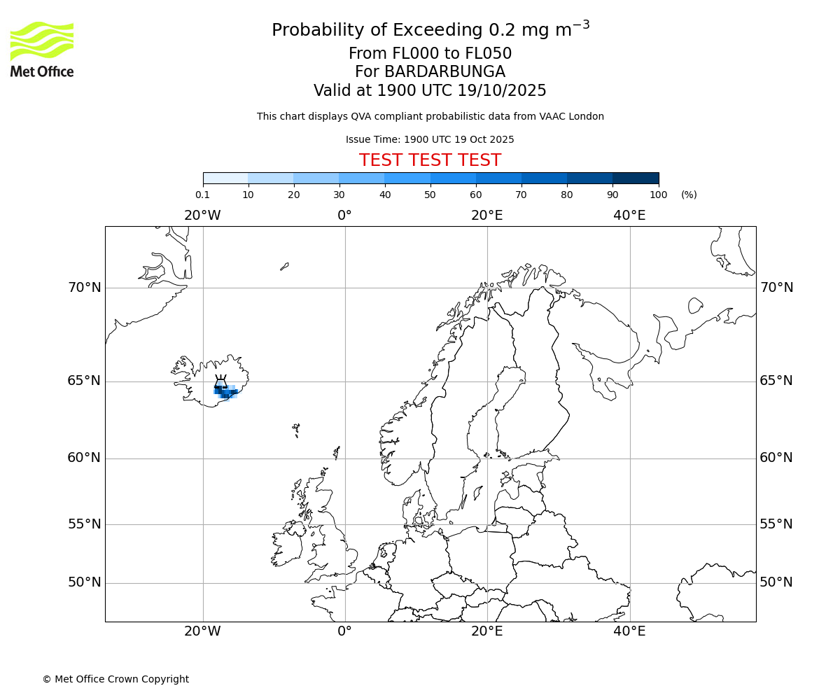 Probability of exceeding 0.2 milligrams per metre cubed. From 000 to 050 for BARDARBUNGA. Valid at 1900 UTC 19/10/2025