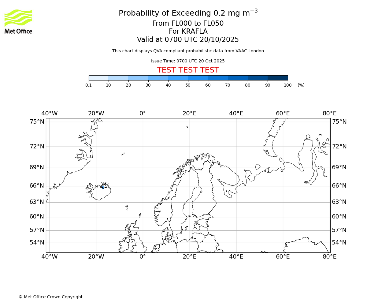 Probability of exceeding 0.2 milligrams per metre cubed. From 000 to 050 for KRAFLA. Valid at 0700 UTC 20/10/2025
