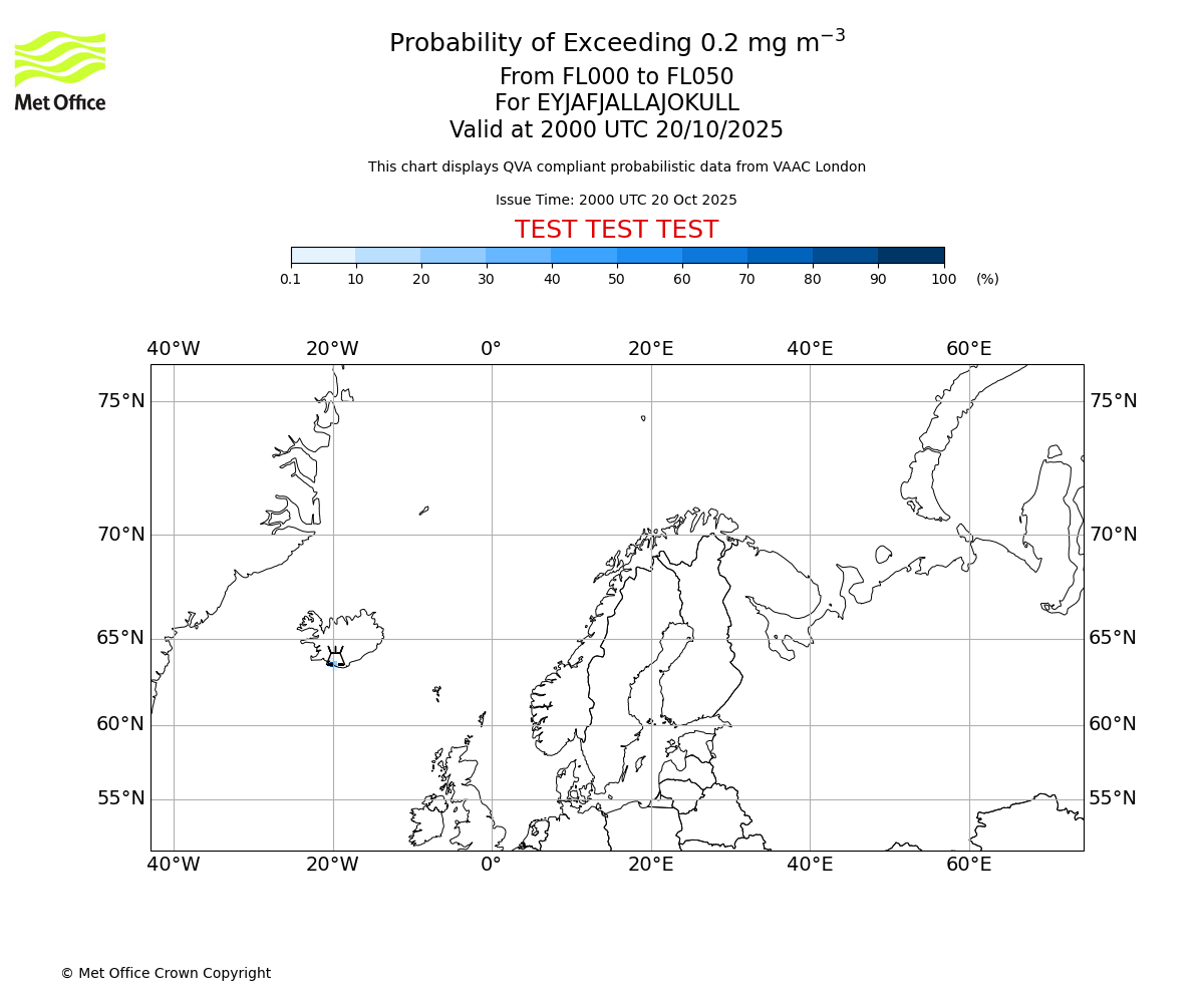 Probability of exceeding 0.2 milligrams per metre cubed. From 000 to 050 for EYJAFJALLAJOKULL. Valid at 2000 UTC 20/10/2025
