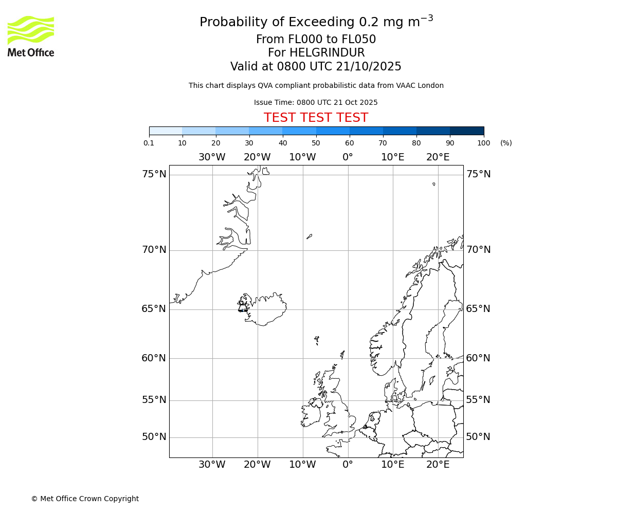 Probability of exceeding 0.2 milligrams per metre cubed. From 000 to 050 for HELGRINDUR. Valid at 0800 UTC 21/10/2025