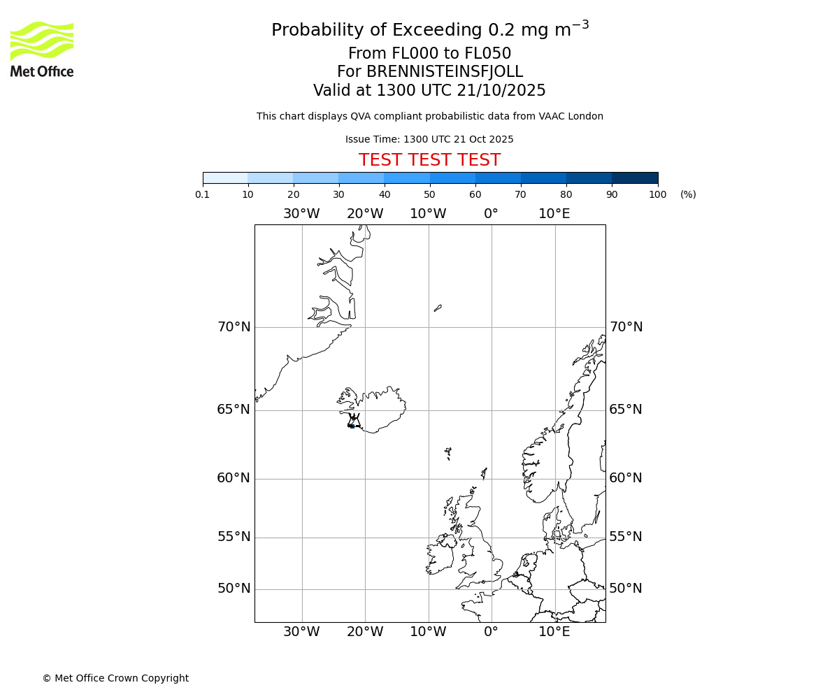 Probability of exceeding 0.2 milligrams per metre cubed. From 000 to 050 for BRENNISTEINSFJOLL. Valid at 1300 UTC 21/10/2025