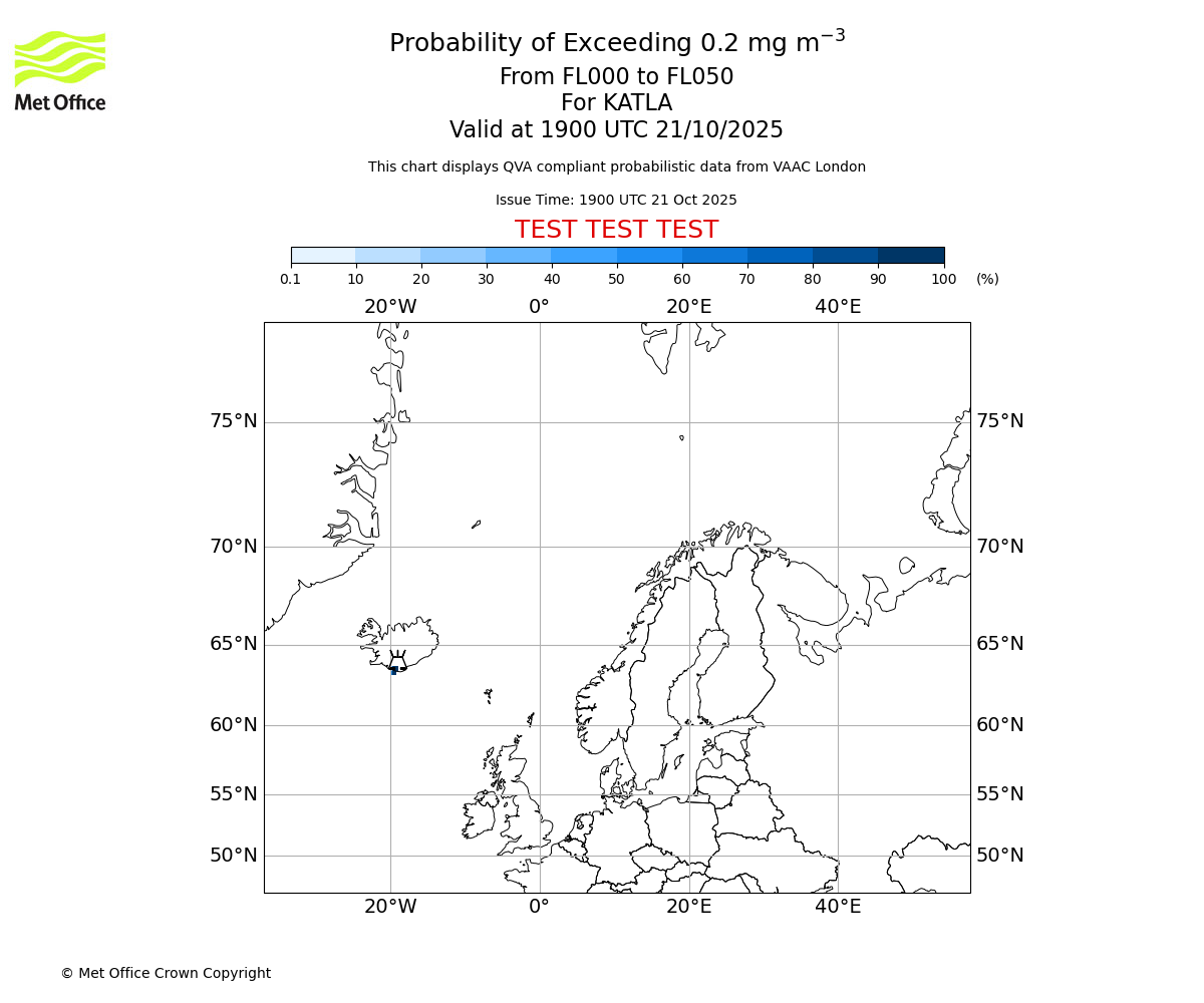 Probability of exceeding 0.2 milligrams per metre cubed. From 000 to 050 for KATLA. Valid at 1900 UTC 21/10/2025