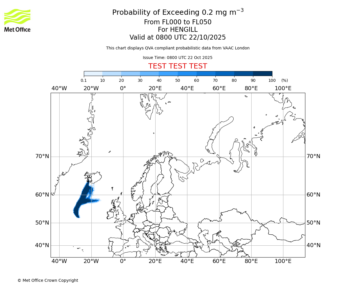 Probability of exceeding 0.2 milligrams per metre cubed. From 000 to 050 for HENGILL. Valid at 0800 UTC 22/10/2025
